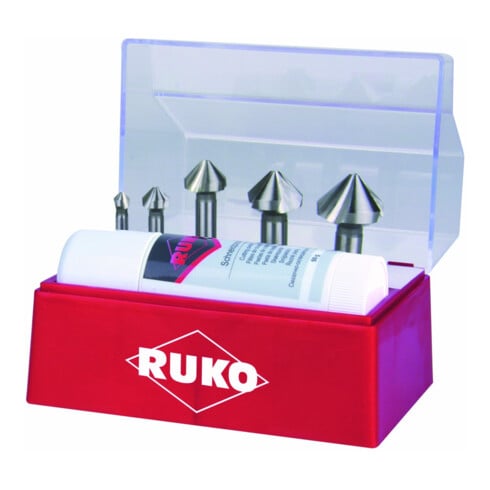 Jeu de fraises coniques à lamer Ruko DIN335 C 90 degrés 6,3-25mm HSS-Co5 Z.3 6pcs. cassette Ku
