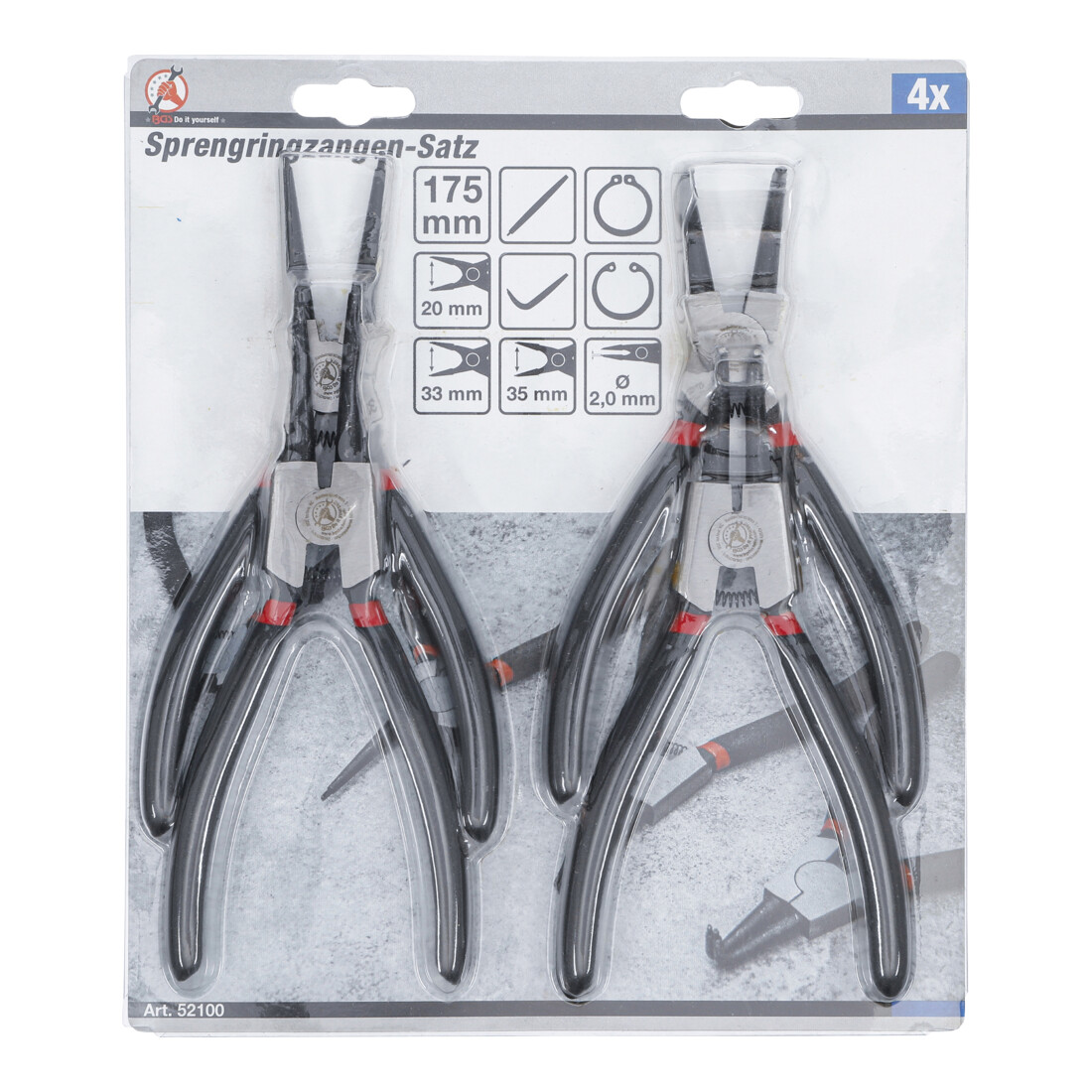 Jeu de pinces à circlips 175 mm 4 pièces BGS