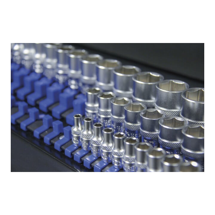 Jeu de rails pour douilles BGS avec 80 clips, pour douilles de 6,3 mm (1/4"), 10 mm (3/8"), 12,5 mm (1/2")