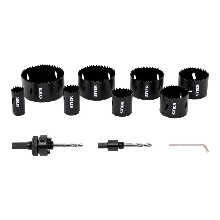 Jeu de scies cloches pour électriciens STIER HSS-Co8 bimétal, profondeur de coupe 44 mm, 11 pièces (25, 32, 40, 54, 60, 68, 76 et 86 mm)