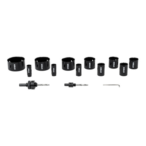 Jeu de scies cloches STIER HSS-Co8 bimétal, profondeur de coupe 44 mm, 14 pièces (20, 22, 25, 32, 35, 40, 44, 51, 60, 68 et 76 mm)