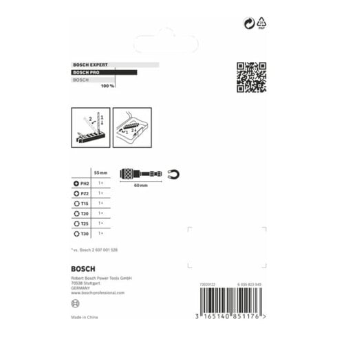Jeu d'embouts de tournevis Bosch Impact Control 7 pièces PH2 PH2 PZ2 T15 T20 T20 T25,T30 50 mm