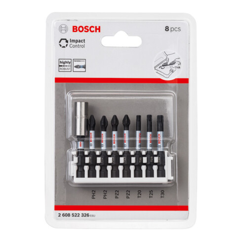 Jeu d'embouts de tournevis Bosch Impact Control 8 pièces 2 x PH2 2x PZ2 T20 T20 T20 T25 T25 T30 50 mm