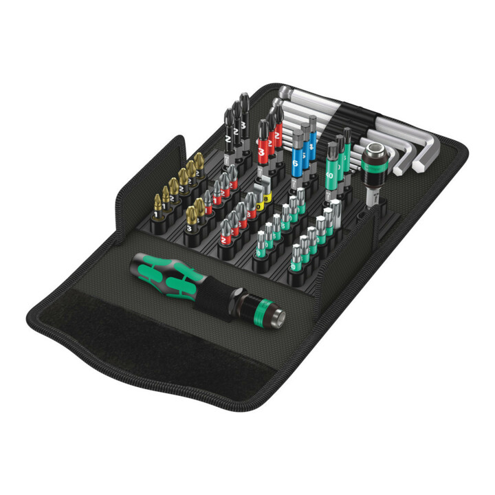 Jeu d'embouts WERA avec manche universel et clé mâle coudée 6 pans 52 pcs