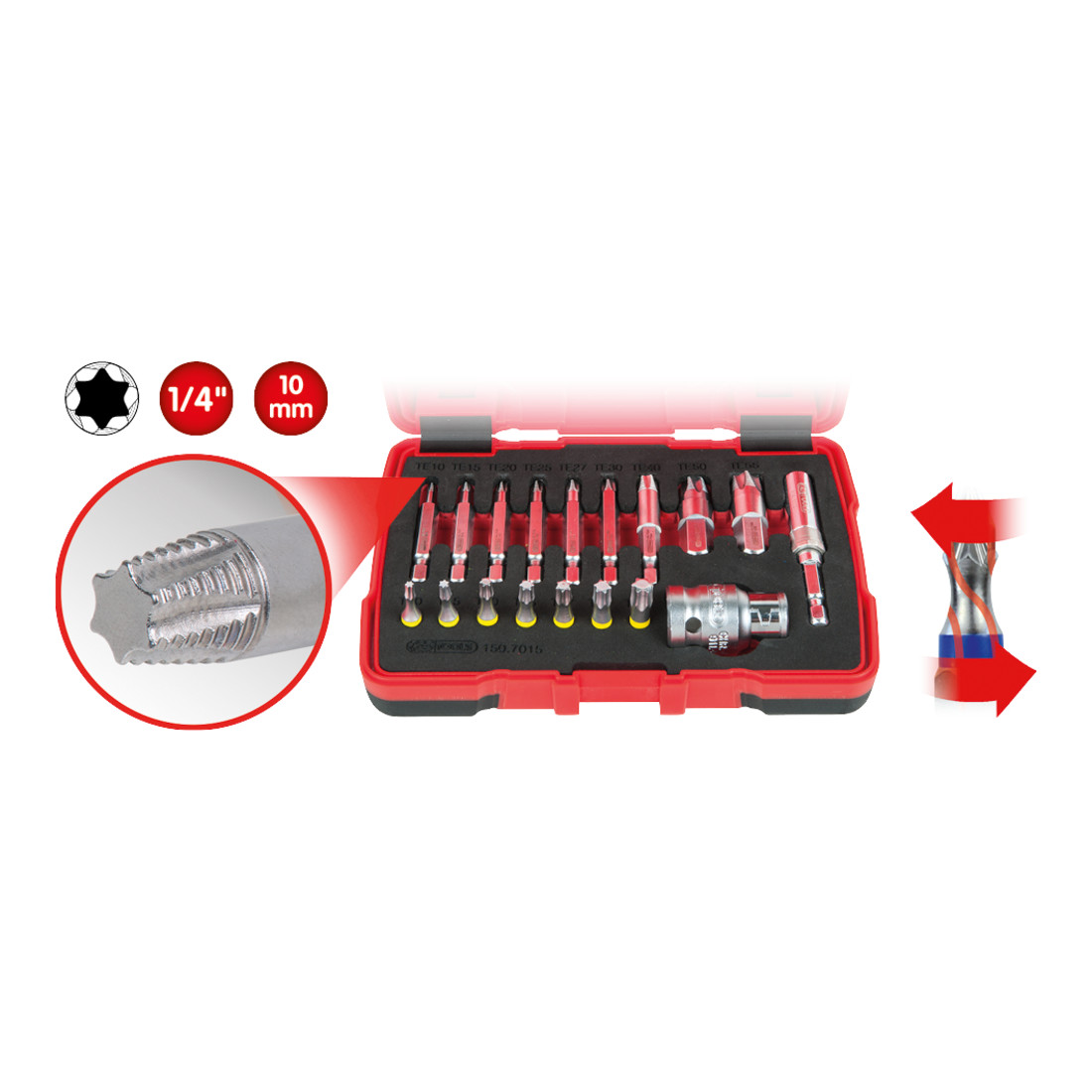 Jeu d'extracteurs de vis TX 1/4" + 10 mm, 18 pcs.