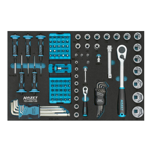 Jeu d'outils 163-466/106 ∙ Creux carré 6,3 mm, creux carré 12,5 mm, hexagone plein 6,3 mm ∙ Profil de traction hexagonal extérieur, profil hexagonal intérieur, profil TORX® intérieur HAZET