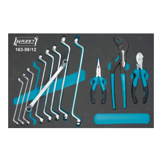 Jeu d'outils, clé à double bague, pince 163-59/12 ∙ Double profil hexagonal extérieur ∙ Dimensions : 519 x 342 ∙ Nombre d'outils : 12 HAZET