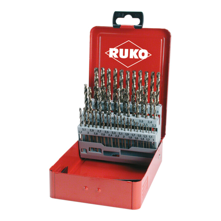 Jeux de forets RUKO DIN 338 type VA HSSE Co 5 taillés meulés, en coffret métallique