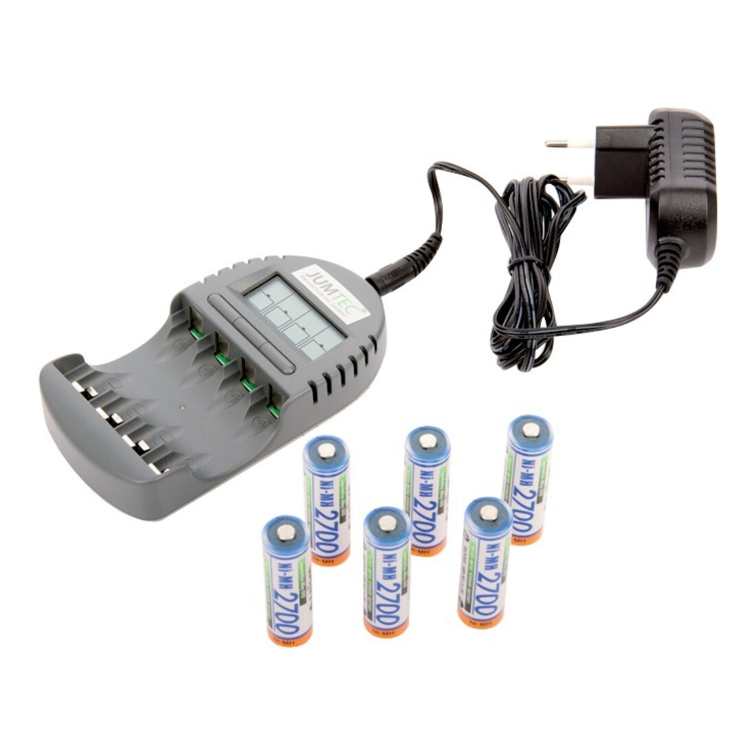 JUMTEC Set chargeur 2 avec 6 piles rechargeables Mignon NiMH