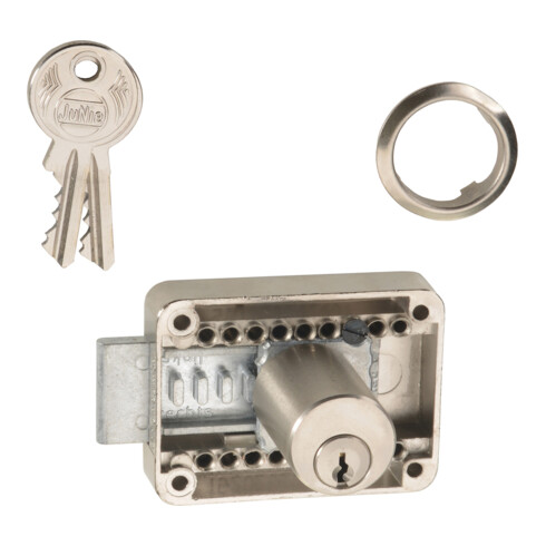 JuNie Zylinderriegelschloss 2828,D 15-40mm aufliegend Metall vernickelt, ls/rs