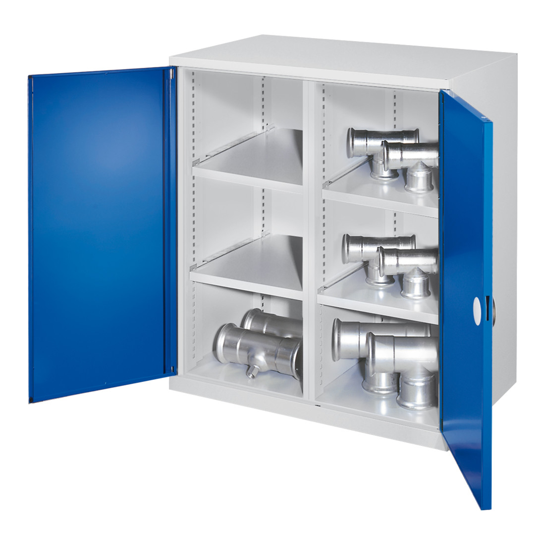 Kappes Schwerlastbeistellschrank Mod. 75 RAL 7035/5010 Doppelwandtüren 4 Fachböden