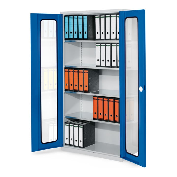 Kappes Systemschrank Serie 500 RAL 7035/5010 Sichtfenstertüren 4 Fachböden