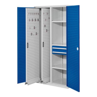 Kappes Vertikalschrank RasterPlan Mod. 81 RAL 7035/5010 Tür innen Lochplatten mit Ausstattung