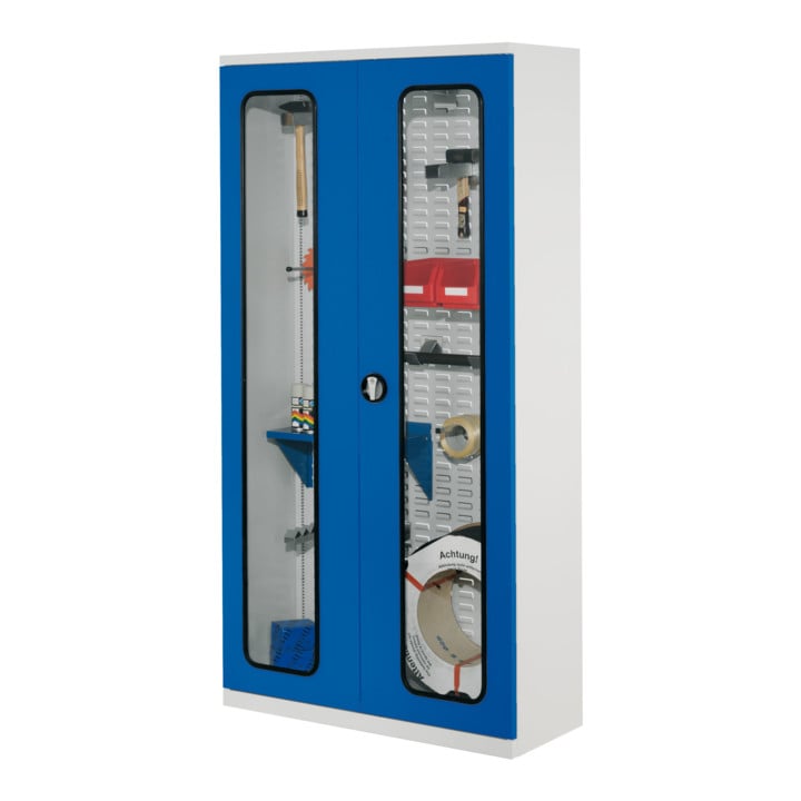 Kappes Werkstückschrank RasterPlan mit Schlitzplattenrückwand RAL 7035/5010 Sichtfenstertüren