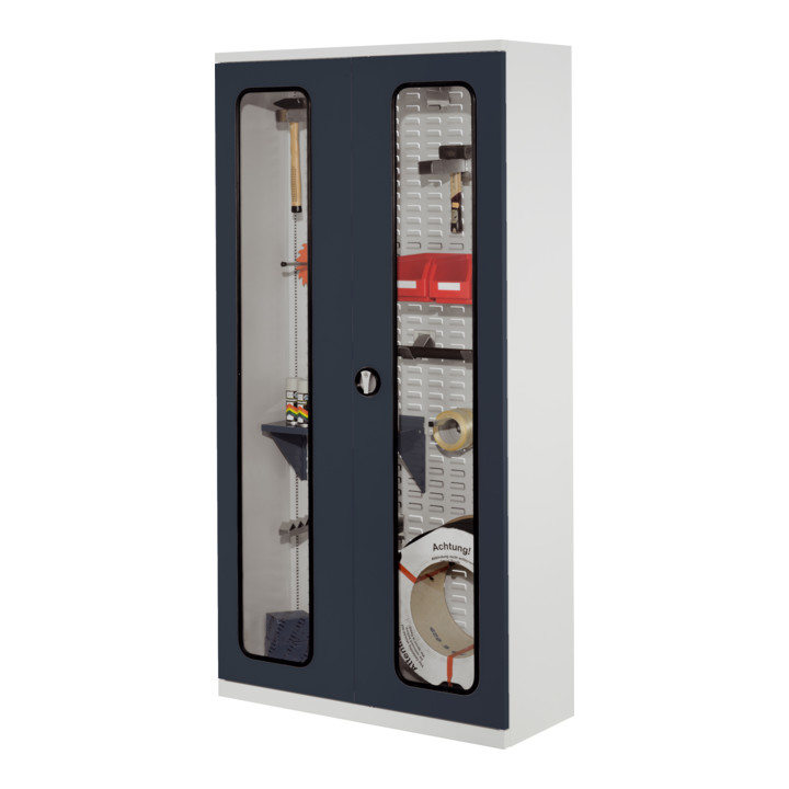 Kappes Werkstückschrank RasterPlan mit Schlitzplattenrückwand RAL 7035/7016 Sichtfenstertüren