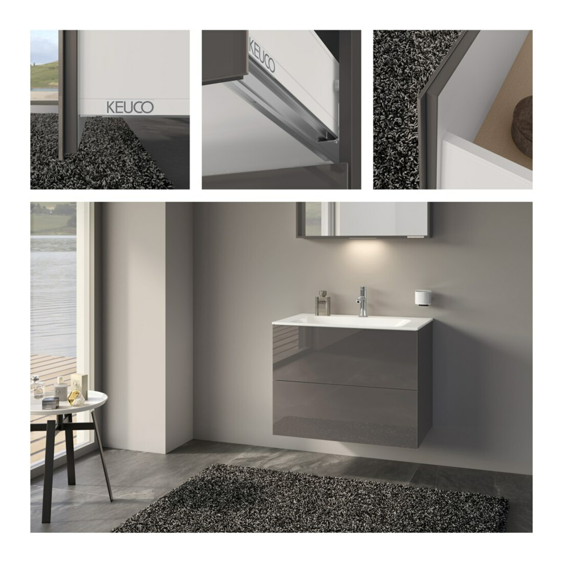 Keuco Meuble sous lavabo X-Line D porte miroir, porte verre, 80x60,5x49 cm, 2 tiroirs