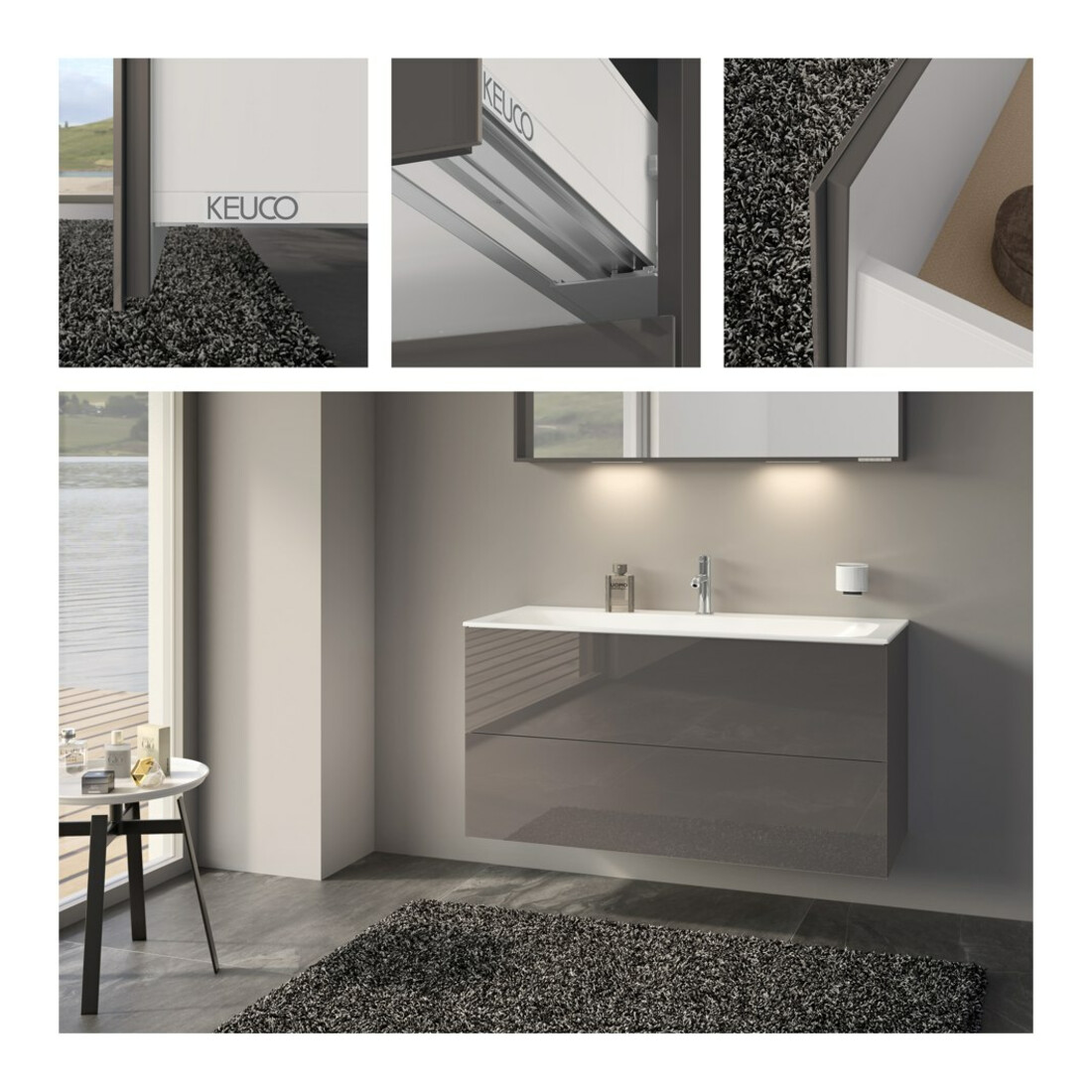Keuco Meuble sous lavabo X-Line D, porte miroir, verre clair, 120x60,5x49 cm, 2 tiroirs