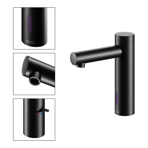 Keuco Mitigeur électronique de lavabo IXMO 130 noir mat, alimentation secteur, bec 124 mm