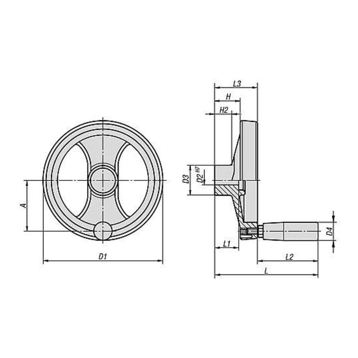 KIPP 2-spaaks handwiel D1=252 Passingsgat D2=20H7 zwart polyamide