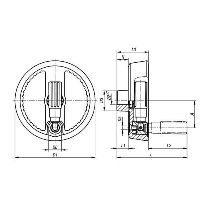 KIPP 2-Speichenhandrad D1=125 Form E Aluminium silber