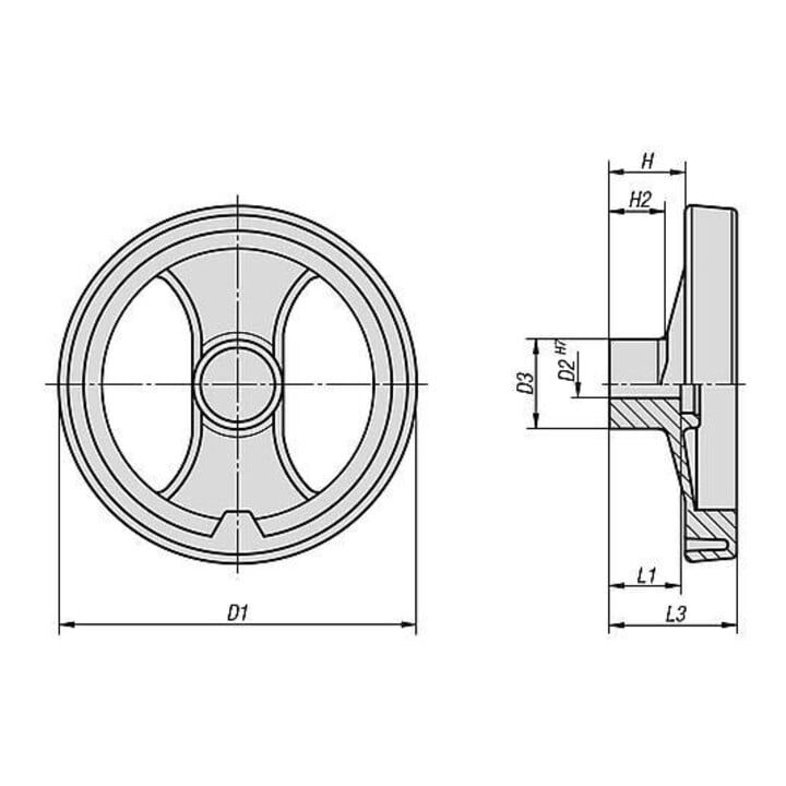 KIPP 2-Speichenhandrad D1=99 Passbohrung mit Nut D2=12H7 Polyamid schwarz satiniert