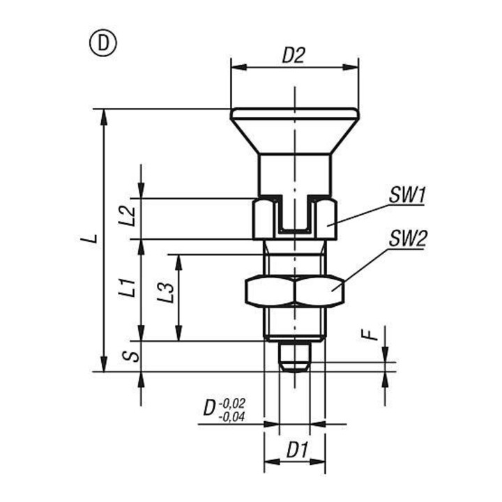 KIPP Arretierbolzen GR.5 D1=M24X2 D=16 Form D Rastnut Kontermutter