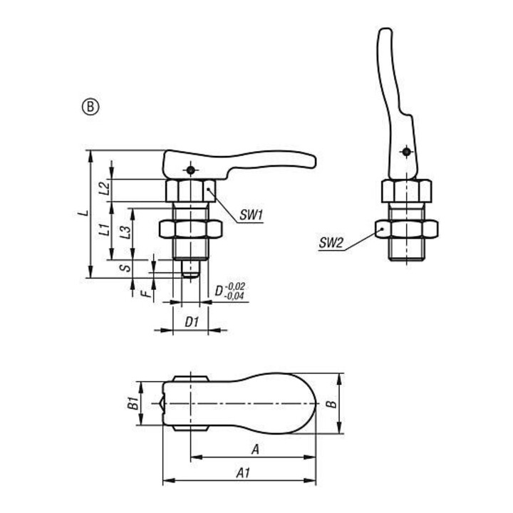 KIPP Arretierbolzen M16x1,5 Ø8 Form B mit Exzentergriff Gr. 3 Kontermutter