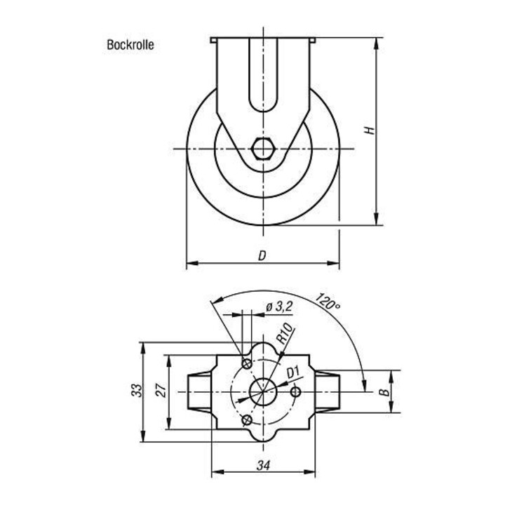 KIPP Bockrolle ohne Feststellsystem Gummi 75 x 25mm Stahl