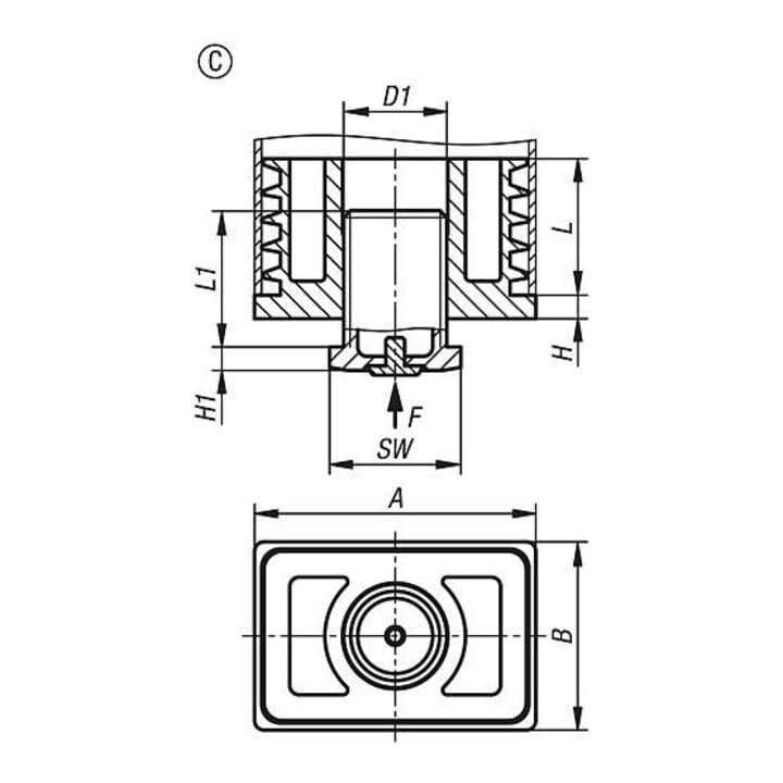 KIPP Bouchon de réglage avec insert anti-glissement Forme C 60 x 40 mm rectangulaire