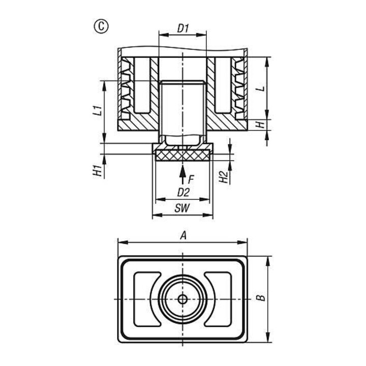 KIPP Bouchon de réglage avec surface de glissement en feutre Forme C rectangulaire 60 × 40 × 60 mm poli