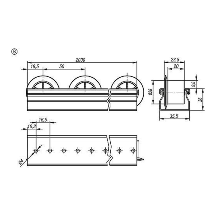 KIPP Convoyeur à rouleaux Form B avec rebord 2000 mm acier galvanisé polypropylène