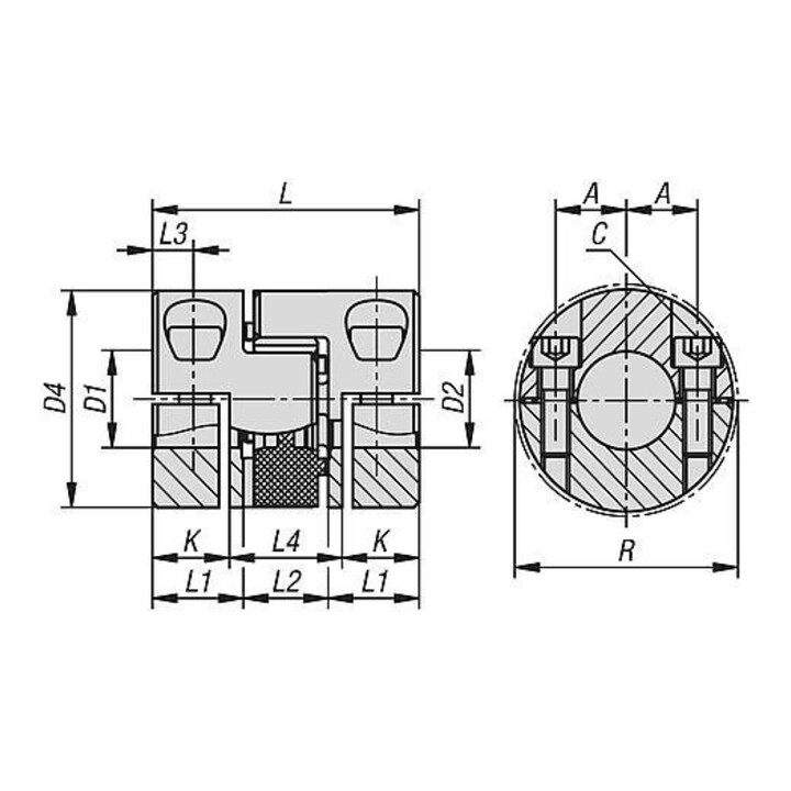 KIPP Elastomeer-klauwkoppeling Gr.19 D1=14 D2=14 L=50 Aluminium