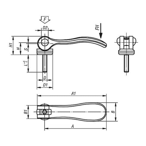 KIPP Exzenterhebel Gr.0 M04x15, A=52,3, B=18, Aluminium schwarz pulverbeschichtet, Edelstahl