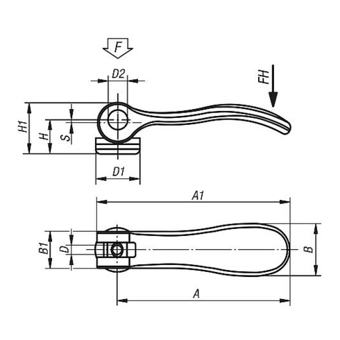 KIPP Exzenterhebel Gr.1 D=M05, A=70,4, B=21,5, Aluminium schwarz pulverbeschichtet, Komp Stahl