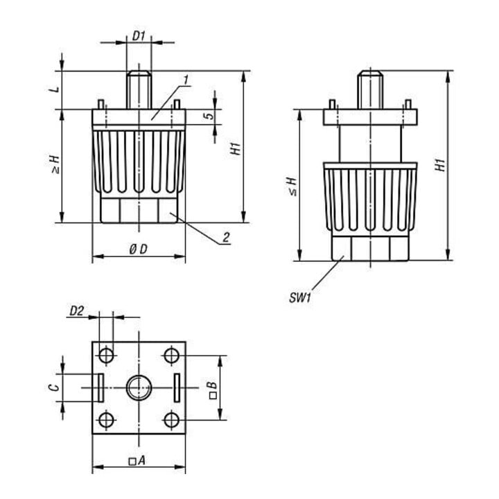 KIPP Gerätefuß höhenverstellbar Aluminiumprofile A=30 D=30 M08 H=35-50
