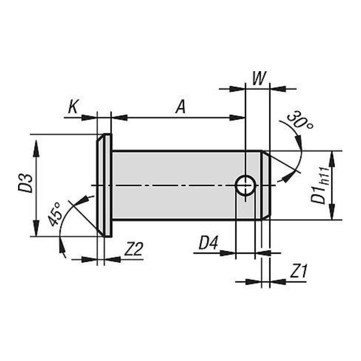 KIPP Goupille à tête Forme B, trou pour goupille 12 mm, 20 mm, acier zingué électrolytique