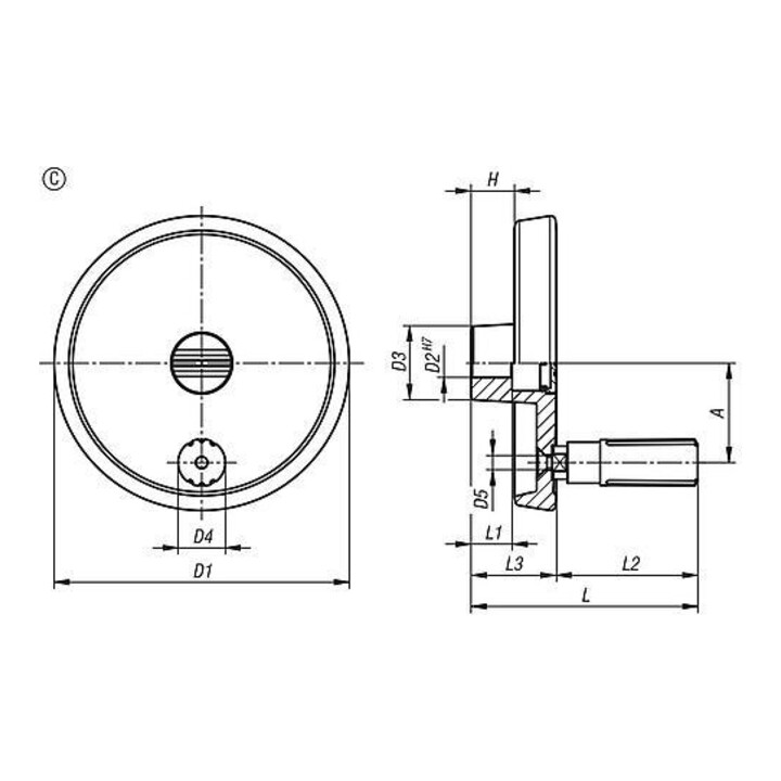 KIPP Handrad D1=100 Form C Passbohrung mit Nut D2=10 Aluminium schwarz Komp TH