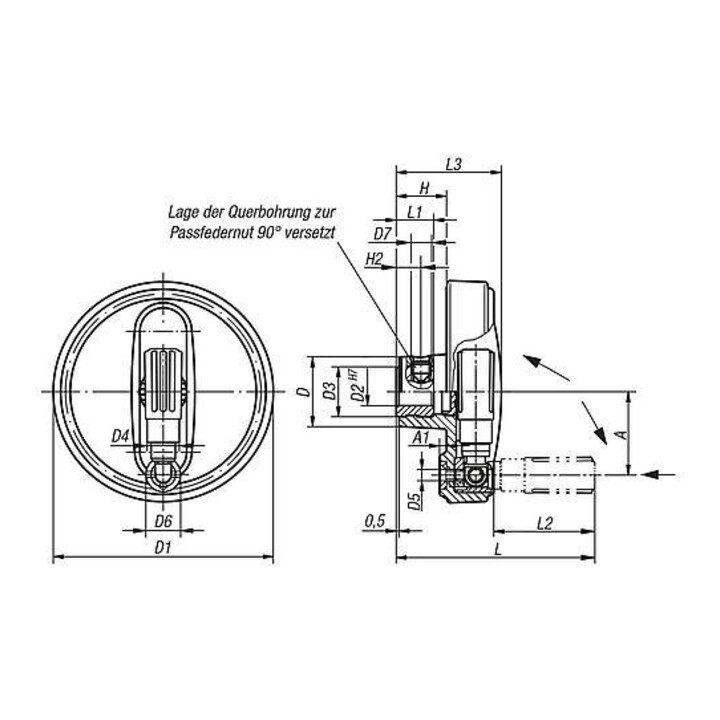 KIPP Handrad D1=80 Passbohrung mit Nut D2=8H7 B3=2 T=9 Querbohrung M06