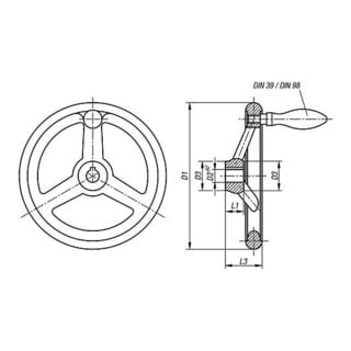 KIPP Handrad DIN 950 D1=400 Aluminium Passbohrung mit Nut D2=34H7 B3=10 T=37,3