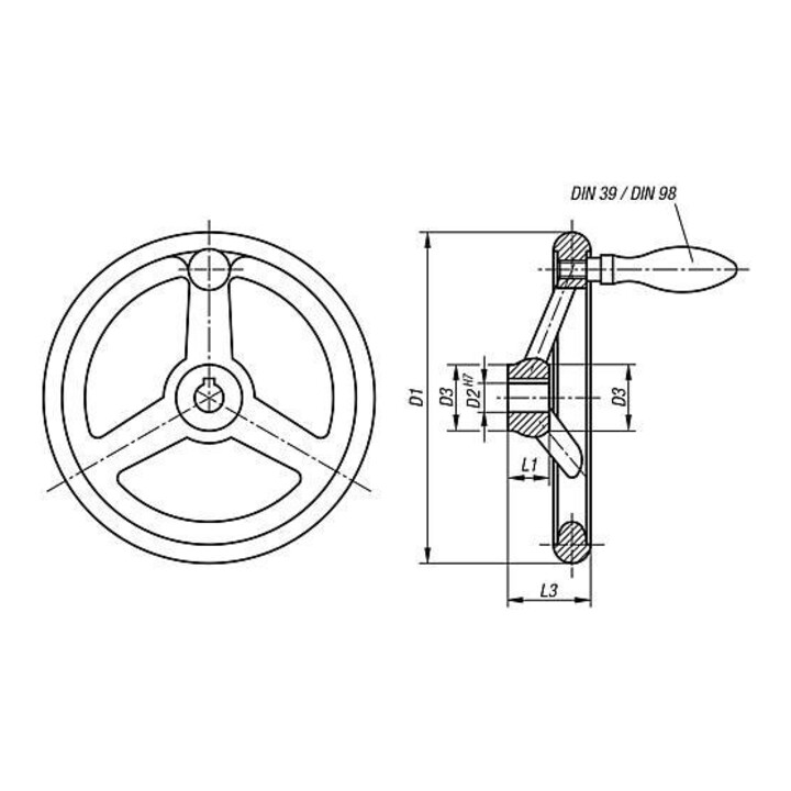 KIPP Handrad DIN 950 Ø 100 Grauguss Passbohrung 10H7