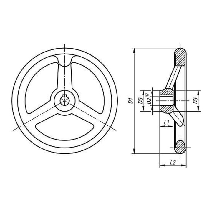 KIPP Handrad DIN950 200mm Grauguss Passbohrung Nut 22H7