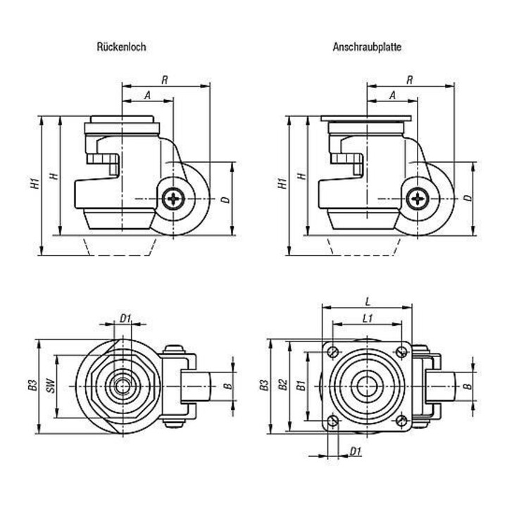 KIPP Heberolle met vergrendelingssysteem D=45 B=18 H=72 polyamide