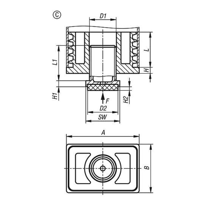 KIPP Justierstopfen mit Filzgleitfläche Form C rechteckig 60 x 40 x 60mm poliert