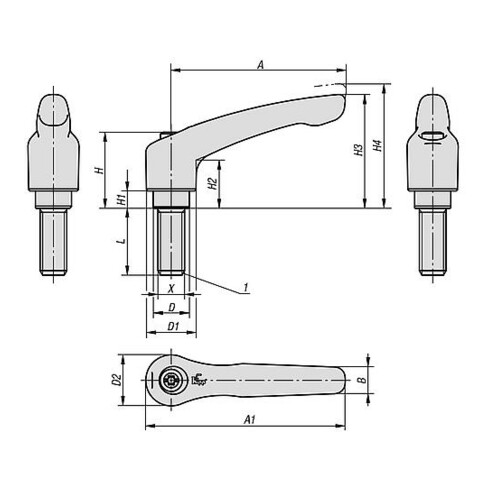 KIPP Klemmhebel Gr.0 M04x15, zink silber-metallic kunststoffbeschichtet, Komp Stahl brüniert