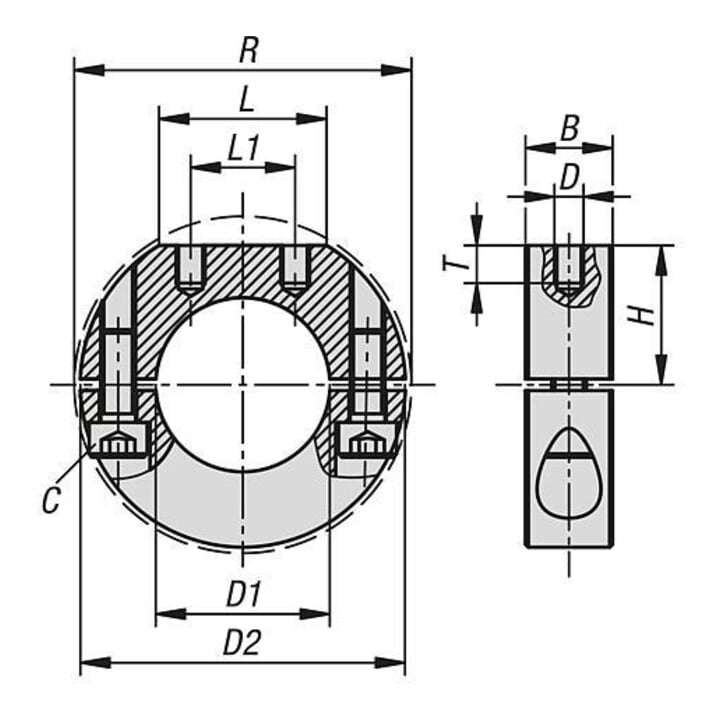 KIPP Klemmring mit Auflagefläche geteilt D1=20 D2=42 B=15 Edelstahl 1.4305 blank