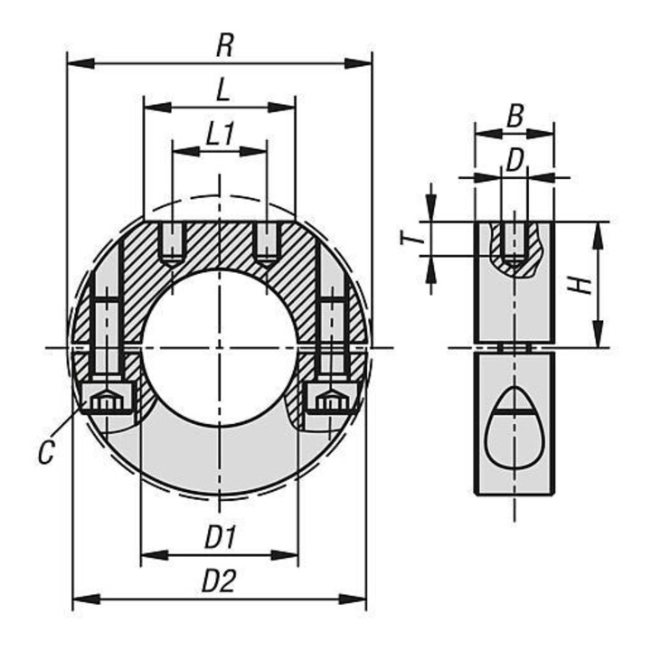 KIPP Klemmring mit Auflagefläche geteilt D1=28 D2=54 B=15 Edelstahl 1.4305 blank