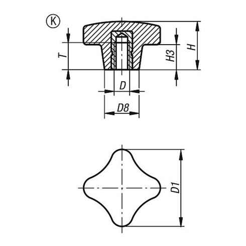 KIPP Kreuzgriff ähnlich DIN6335 D=M05, Form K, Duroplast schwarz hochglanzpoliert, Stahl