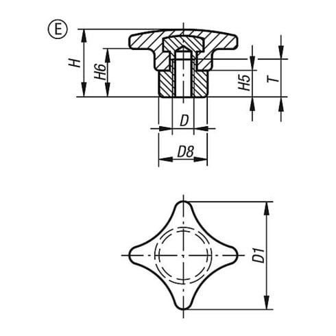 KIPP Kreuzgriff ähnlich DIN6335 D=M05, Form E, Duroplast schwarz hochglanzpoliert, Stahl