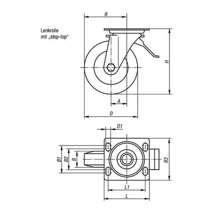 KIPP Lenkrolle mit Feststellsys Stop-Top Polyurethan D=250 B=60 Stahl