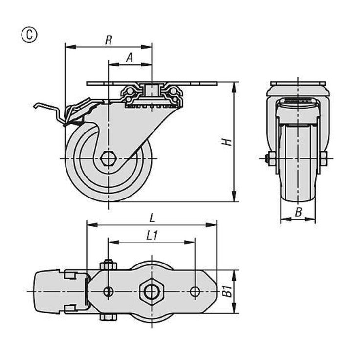 KIPP Lenkrolle mit Feststellsystem Stop-Fix Ø 100mm B 32mm Gummi Stahl